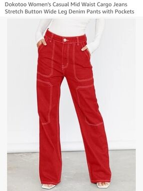 Casual Mid-Waist Wide Leg Cargo Jeans in Red